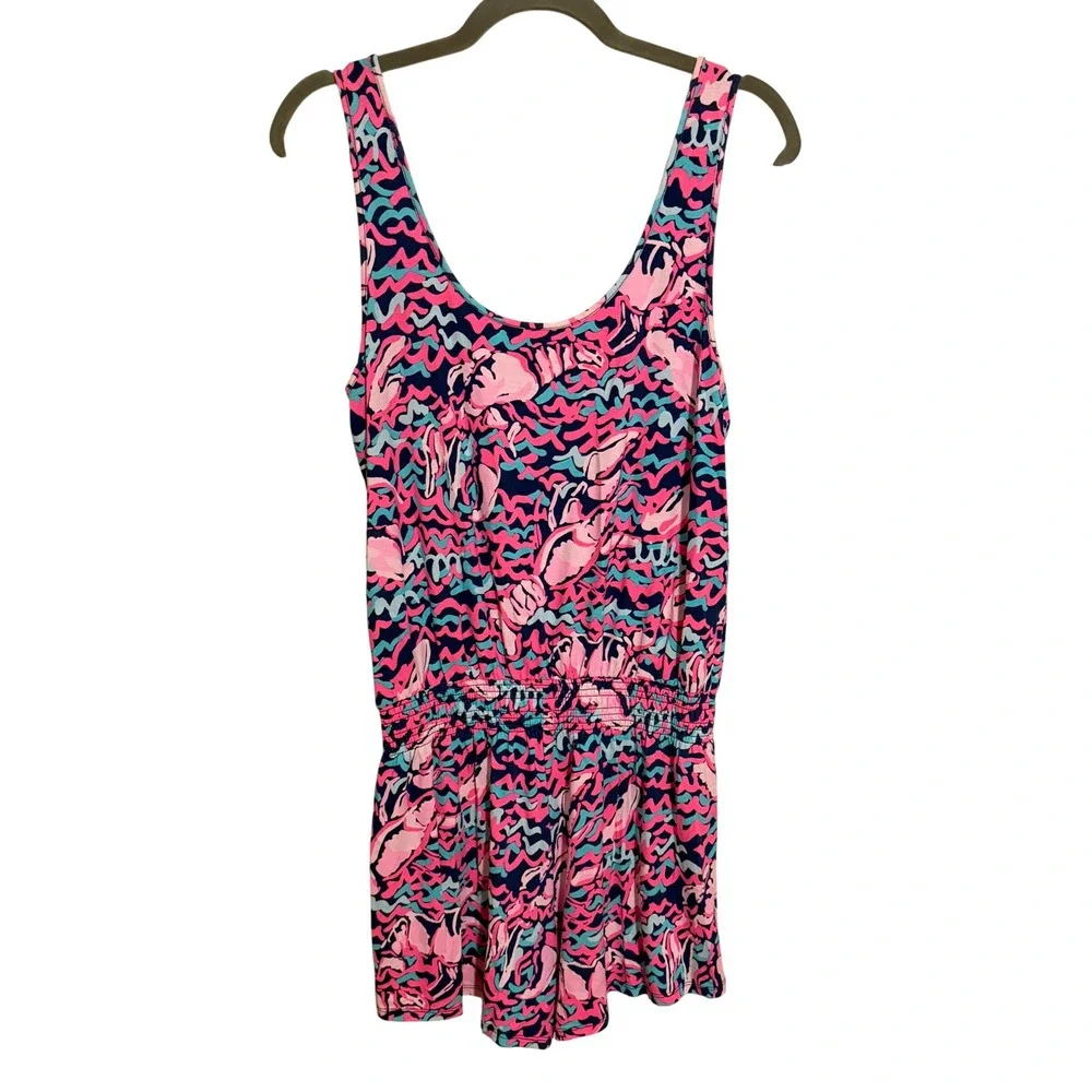 Lilly Pulitzer Tala Pink Blue Lobster Print Sleeveless Romper Small Resort